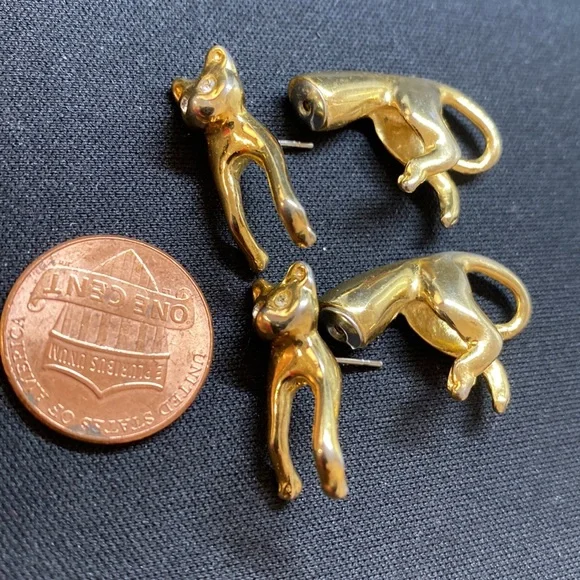 Cats earrings gold tone clear stones - Picture 12 of 12